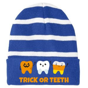 Trick Or Teeth Treat Funny Dental Halloween Dentist Gift Striped Beanie with Solid Band