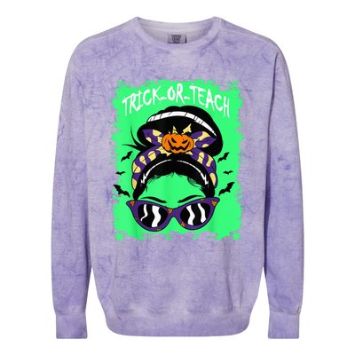 Trick or Teach Cute Halloween Teacher Messy Bun Retro Shades Colorblast Crewneck Sweatshirt