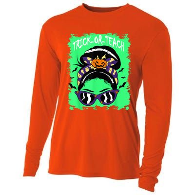 Trick or Teach Cute Halloween Teacher Messy Bun Retro Shades Cooling Performance Long Sleeve Crew