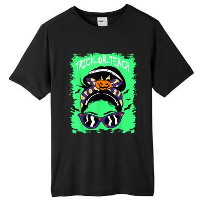 Trick or Teach Cute Halloween Teacher Messy Bun Retro Shades Tall Fusion ChromaSoft Performance T-Shirt