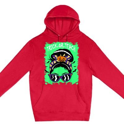 Trick or Teach Cute Halloween Teacher Messy Bun Retro Shades Premium Pullover Hoodie