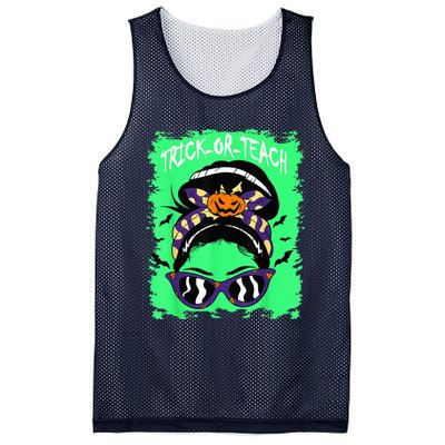 Trick or Teach Cute Halloween Teacher Messy Bun Retro Shades Mesh Reversible Basketball Jersey Tank