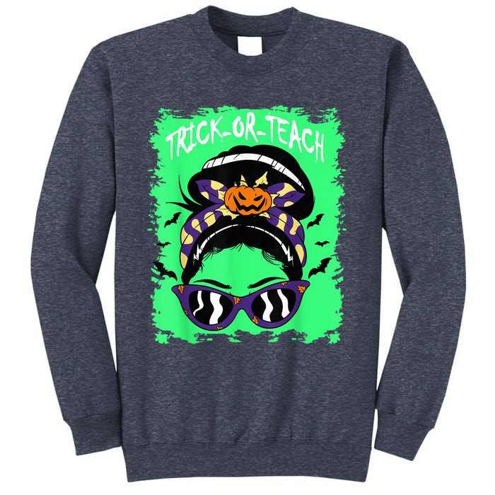 Trick or Teach Cute Halloween Teacher Messy Bun Retro Shades Sweatshirt