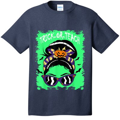 Trick or Teach Cute Halloween Teacher Messy Bun Retro Shades T-Shirt