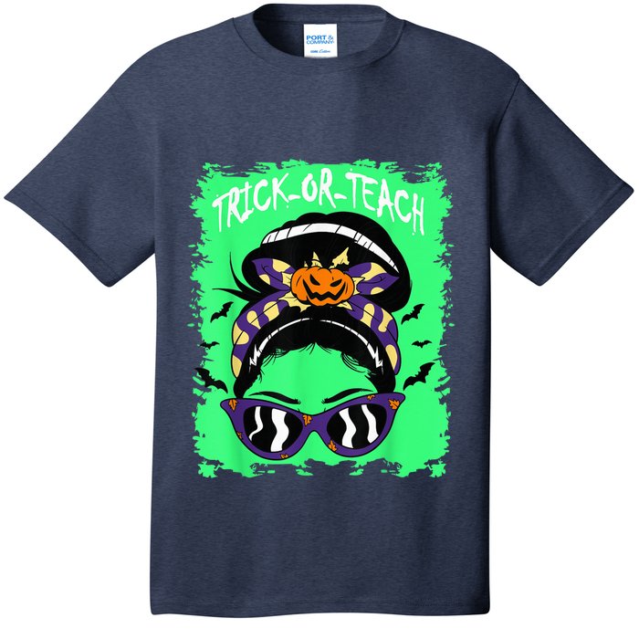 Trick or Teach Cute Halloween Teacher Messy Bun Retro Shades T-Shirt