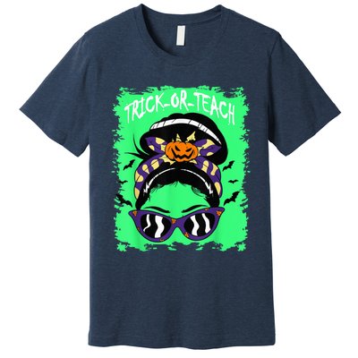 Trick or Teach Cute Halloween Teacher Messy Bun Retro Shades Premium T-Shirt