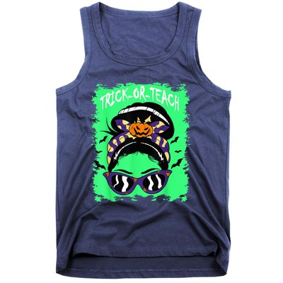 Trick or Teach Cute Halloween Teacher Messy Bun Retro Shades Tank Top