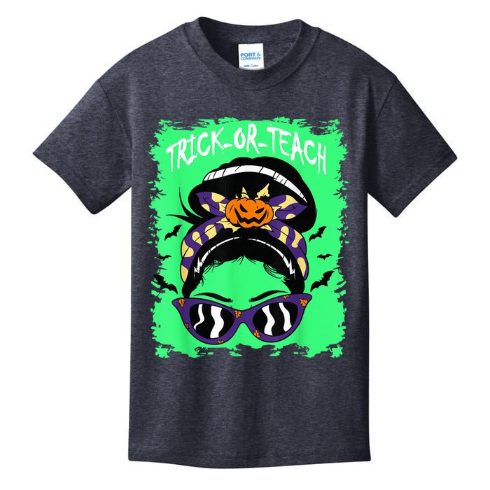 Trick or Teach Cute Halloween Teacher Messy Bun Retro Shades Kids T-Shirt