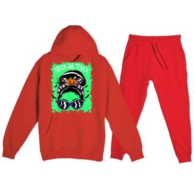 Trick or Teach Cute Halloween Teacher Messy Bun Retro Shades Premium Hooded Sweatsuit Set