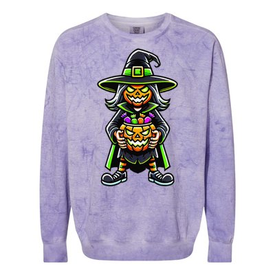 Trick Or Treat Witch Pumpkin Mask Halloween Festival Scary Colorblast Crewneck Sweatshirt