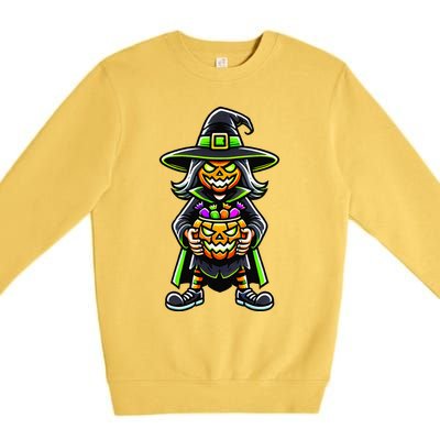 Trick Or Treat Witch Pumpkin Mask Halloween Festival Scary Premium Crewneck Sweatshirt