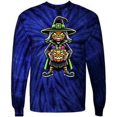 Trick Or Treat Witch Pumpkin Mask Halloween Festival Scary Tie-Dye Long Sleeve Shirt