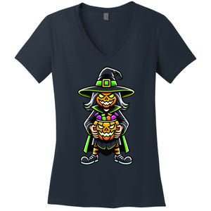 Trick Or Treat Witch Pumpkin Mask Halloween Festival Scary Women's V-Neck T-Shirt