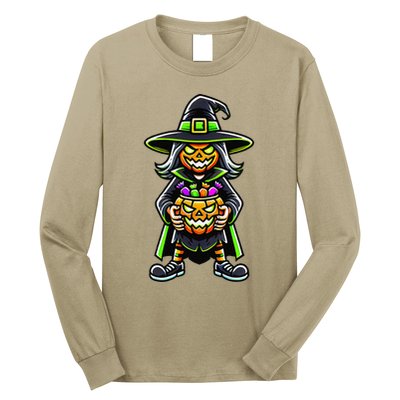 Trick Or Treat Witch Pumpkin Mask Halloween Festival Scary Long Sleeve Shirt