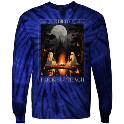 Trick Or Teach Ghost Books Reading Tarot Teachers Halloween Tie-Dye Long Sleeve Shirt