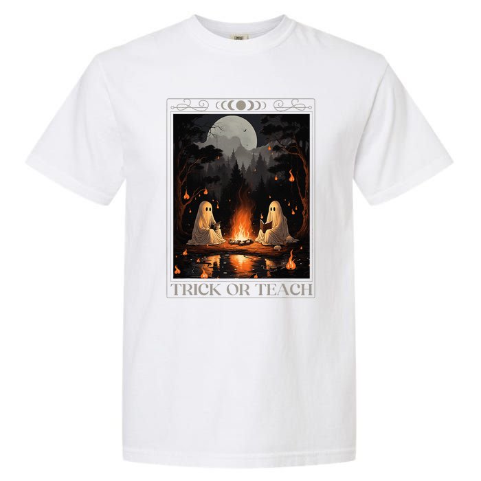 Trick Or Teach Ghost Books Reading Tarot Teachers Halloween Garment-Dyed Heavyweight T-Shirt