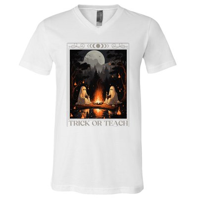 Trick Or Teach Ghost Books Reading Tarot Teachers Halloween V-Neck T-Shirt