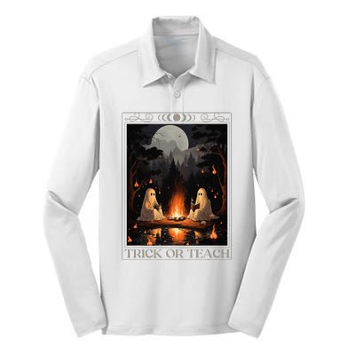 Trick Or Teach Ghost Books Reading Tarot Teachers Halloween Silk Touch Performance Long Sleeve Polo