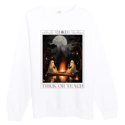 Trick Or Teach Ghost Books Reading Tarot Teachers Halloween Premium Crewneck Sweatshirt