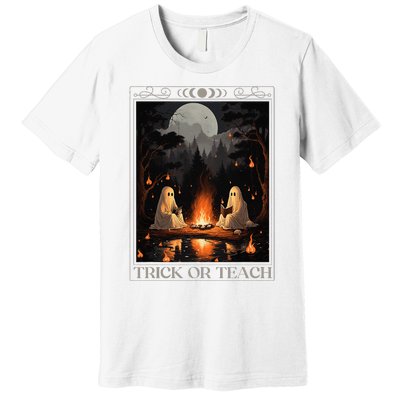 Trick Or Teach Ghost Books Reading Tarot Teachers Halloween Premium T-Shirt