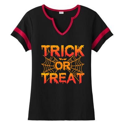 Trick or Treat Halloween Spider Cobwebs Bat Halloween Ladies Halftime Notch Neck Tee