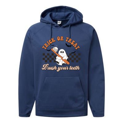 Trick Or Treat Brush Your Teeth Funny Halloween Dentist Funny Gift Performance Fleece Hoodie