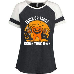 Trick Or Treat Brush Your Teeth Dentist Halloween Costume Gift Enza Ladies Jersey Colorblock Tee