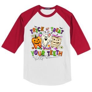 Trick Or Treat Brush Your Th Halloween Dental Hygienist Gift Kids Colorblock Raglan Jersey