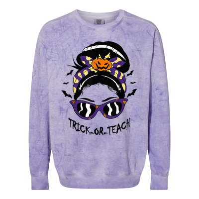 Trick or Teach Cute Halloween Teacher Messy Bun Retro Shades Colorblast Crewneck Sweatshirt