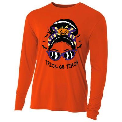 Trick or Teach Cute Halloween Teacher Messy Bun Retro Shades Cooling Performance Long Sleeve Crew