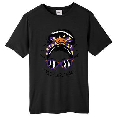 Trick or Teach Cute Halloween Teacher Messy Bun Retro Shades Tall Fusion ChromaSoft Performance T-Shirt