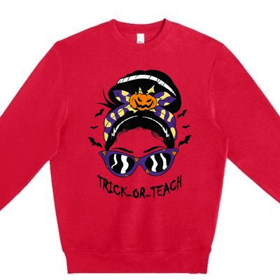 Trick or Teach Cute Halloween Teacher Messy Bun Retro Shades Premium Crewneck Sweatshirt