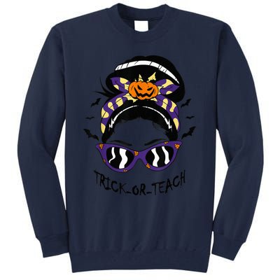 Trick or Teach Cute Halloween Teacher Messy Bun Retro Shades Tall Sweatshirt