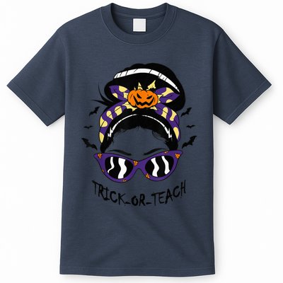 Trick or Teach Cute Halloween Teacher Messy Bun Retro Shades T-Shirt