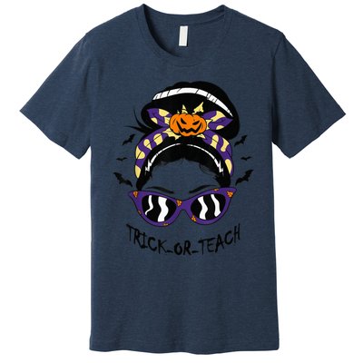 Trick or Teach Cute Halloween Teacher Messy Bun Retro Shades Premium T-Shirt