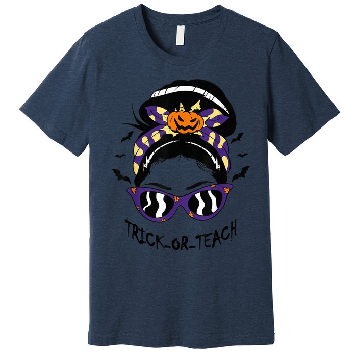 Trick or Teach Cute Halloween Teacher Messy Bun Retro Shades Premium T-Shirt