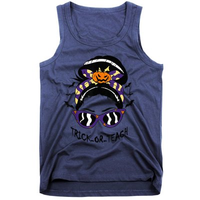 Trick or Teach Cute Halloween Teacher Messy Bun Retro Shades Tank Top