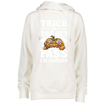 Trick Or Treat Pass IM Gaming Halloween Video Gamer Gift Womens Funnel Neck Pullover Hood