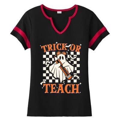 Trick Or Teach Retro Halloween Teacher Ladies Halftime Notch Neck Tee