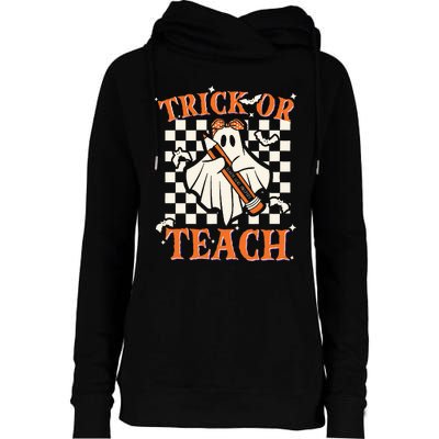 Trick Or Teach Retro Halloween Teacher Womens Funnel Neck Pullover Hood