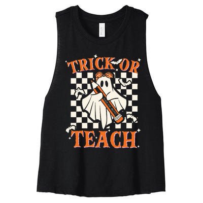 Trick Or Teach Retro Halloween Teacher Women's Racerback Cropped Tank