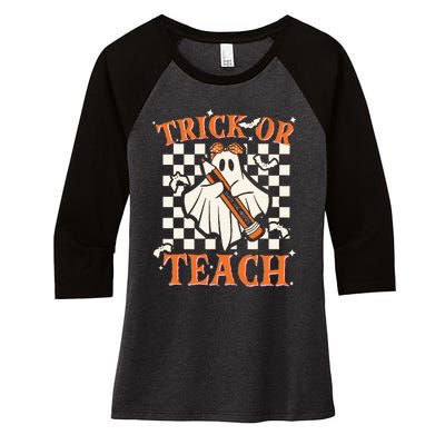 Trick Or Teach Retro Halloween Teacher Women's Tri-Blend 3/4-Sleeve Raglan Shirt