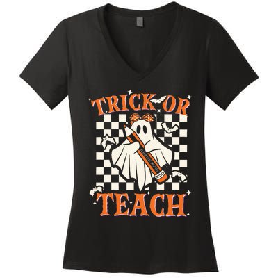 Trick Or Teach Retro Halloween Teacher Women's V-Neck T-Shirt