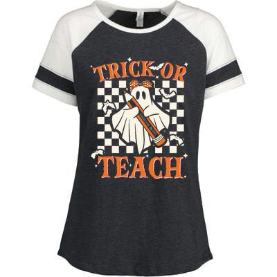 Trick Or Teach Retro Halloween Teacher Enza Ladies Jersey Colorblock Tee