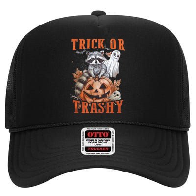 Trick Or Trashy Raccoon Feral Girl Halloween Feral Halloween High Crown Mesh Back Trucker Hat