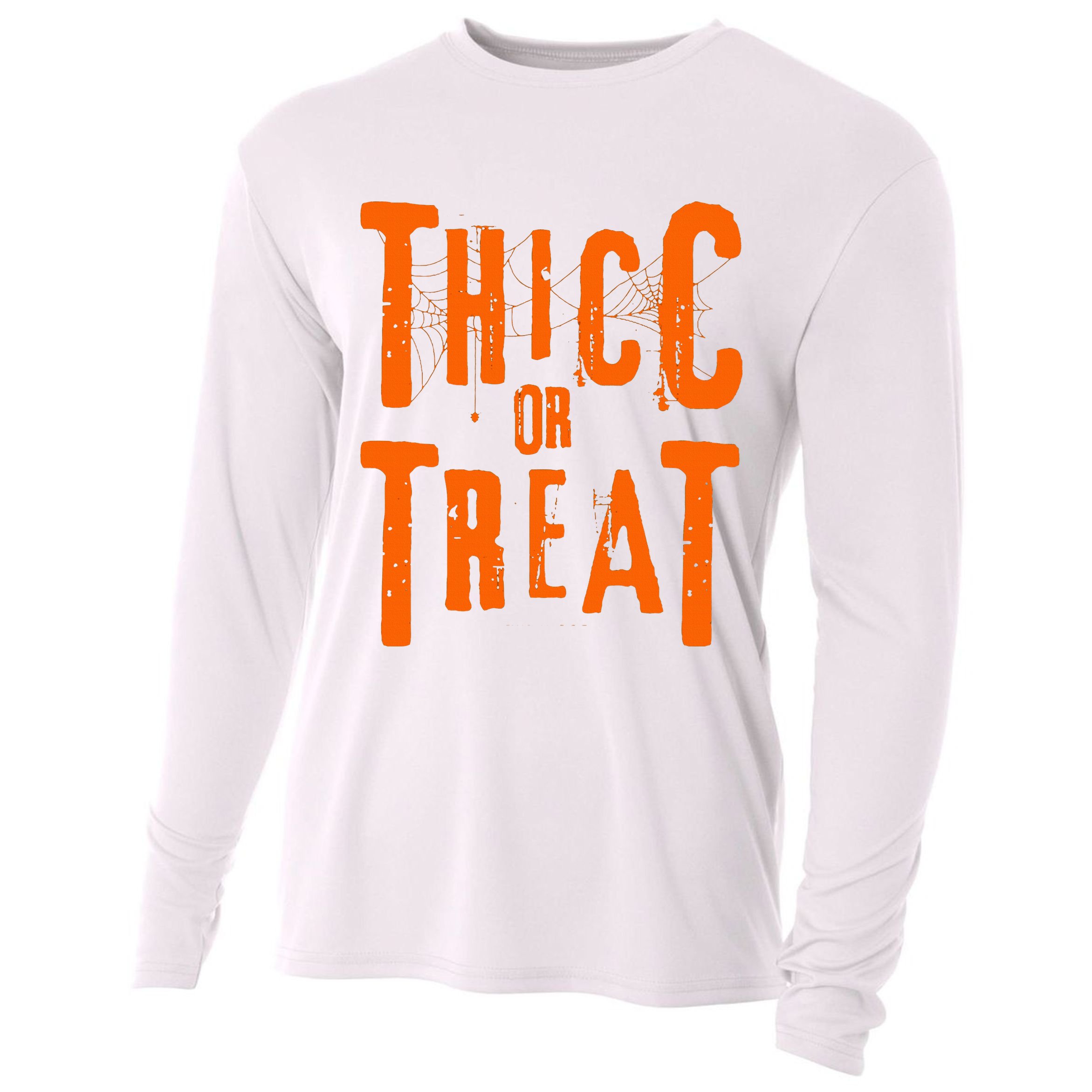 Thicc Or Treat Funny Halloween Workout Fitness Bodybuilding Cooling Performance Long Sleeve Crew