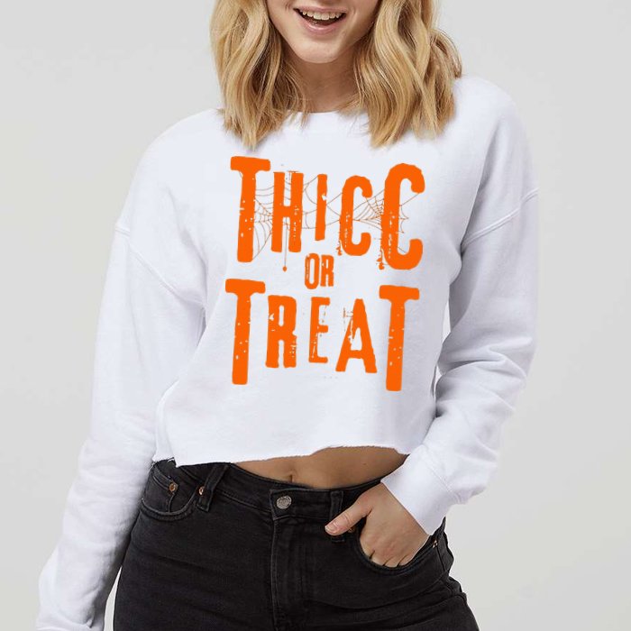 Thicc Or Treat Funny Halloween Workout Fitness Bodybuilding Cropped Pullover Crew