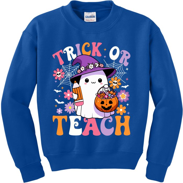 Trick Or Teach Groovy Teacher Ghost Funny Halloween Teacher Gift Kids Sweatshirt