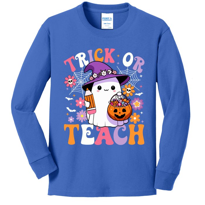 Trick Or Teach Groovy Teacher Ghost Funny Halloween Teacher Gift Kids Long Sleeve Shirt