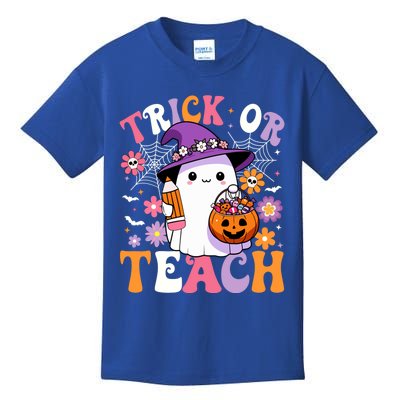 Trick Or Teach Groovy Teacher Ghost Funny Halloween Teacher Gift Kids T-Shirt